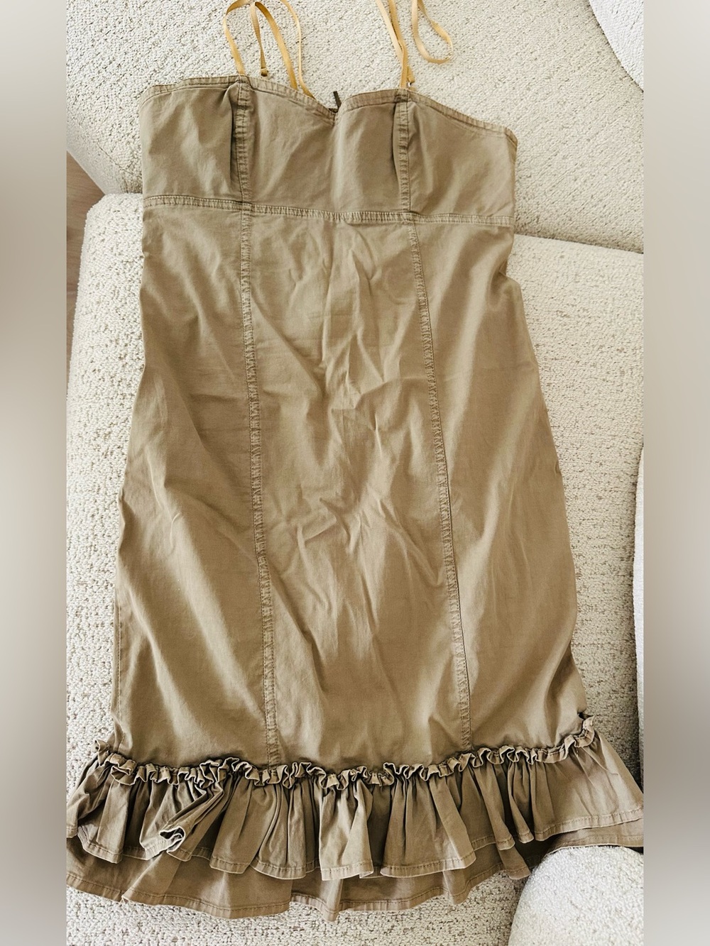 Rinascimento Khaki Strapless Midi dress with Ruffle Hem